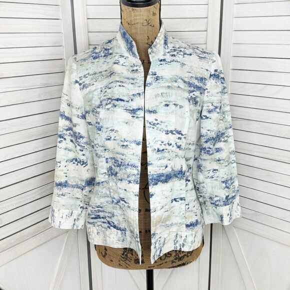 Chico’s Watercolor Linen Blend Open Front Topper Jacket White Blue Small - Picture 1 of 14